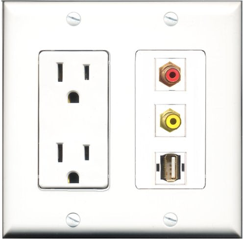 RiteAV - 15 Amp Power Outlet 1 Port RCA Red 1 Port RCA Yellow 1 Port USB A-A Decorative Wall Plate