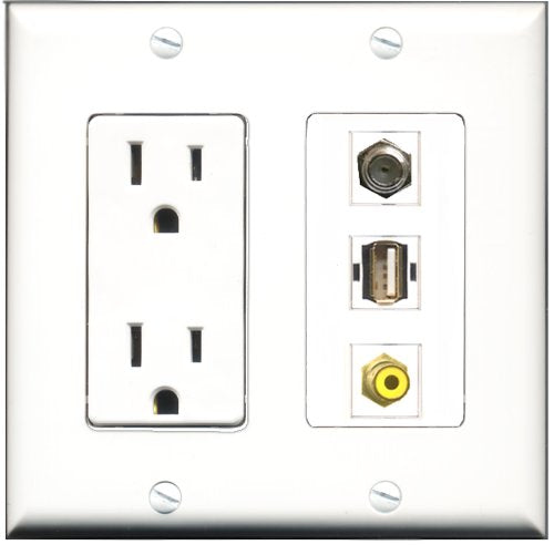 RiteAV - 15 Amp Power Outlet 1 Port RCA Yellow 1 Port Coax 1 Port USB A-A Decorative Wall Plate