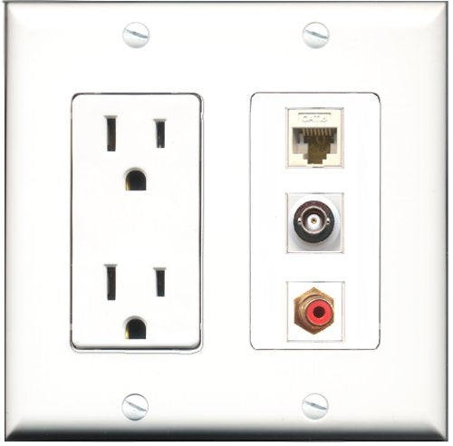 RiteAV - 15 Amp Power Outlet 1 Port RCA Red 1 Port Shielded Cat6 Ethernet Ethernet 1 Port BNC Decorative Wall Plate