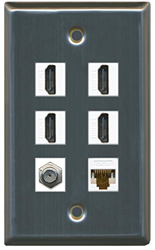 RiteAV (1 Gang Flat) 4 HDMI Coax Cat6 White Wall Plate Stainless Steel