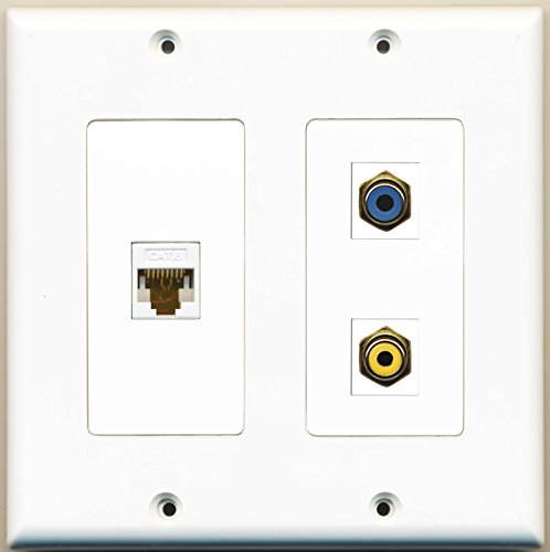 RiteAV - 1 Port RCA Yellow 1 Port RCA Blue 1 Port Cat6 Ethernet White - 2 Gang Wall Plate