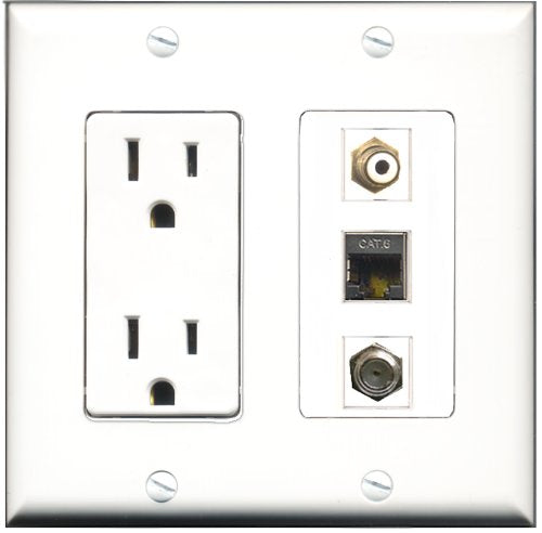 RiteAV - 15 Amp Power Outlet 1 Port RCA White 1 Port Coax 1 Port Shielded Cat6 Ethernet Ethernet Decorative Wall Plate