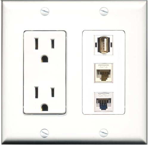 RiteAV - 15 Amp Power Outlet 1 Port USB A-A 1 Port Cat5e Ethernet White 1 Port Cat6 Ethernet Ethernet White Decorative Wall Plate