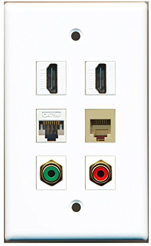 RiteAV - 2 HDMI 1 Port RCA Red 1 Port RCA Green 1 Port Phone RJ11 RJ12 Beige 1 Port Cat5e Ethernet White Wall Plate