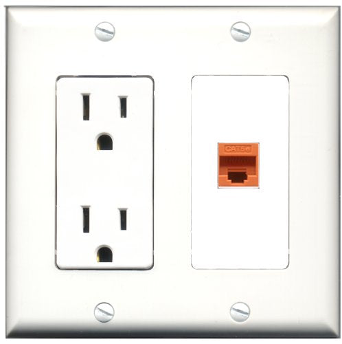 RiteAV - 15 Amp Power Outlet and 1 Port Cat5e Ethernet Orange Decorative Type Wall Plate White