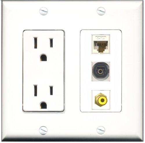 RiteAV - 15 Amp Power Outlet 1 Port RCA Yellow 1 Port Toslink 1 Port Cat6 Ethernet Ethernet White Decorative Wall Plate