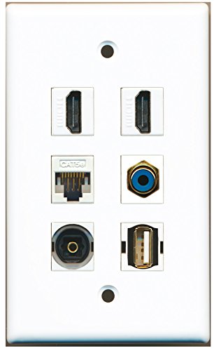 RiteAV - 2 HDMI 1 Port RCA Blue 1 Port USB A-A 1 Port Toslink 1 Port Cat5e Ethernet White Wall Plate