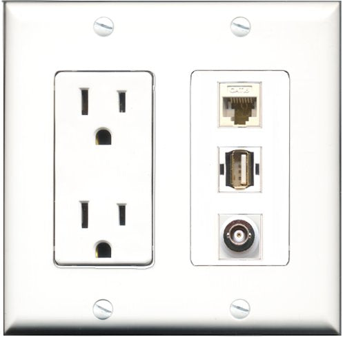 RiteAV - 15 Amp Power Outlet 1 Port USB A-A 1 Port BNC 1 Port Cat6 Ethernet Ethernet White Decorative Wall Plate