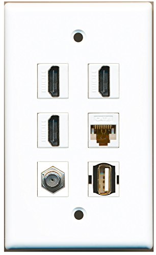 RiteAV - 3 HDMI 1 Port Coax Cable TV- F-Type 1 Port USB A-A 1 Port Cat6 Ethernet White Wall Plate