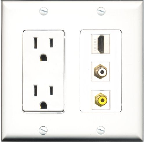 RiteAV - 15 Amp Power Outlet 1 Port HDMI 1 Port RCA White 1 Port RCA Yellow Decorative Wall Plate