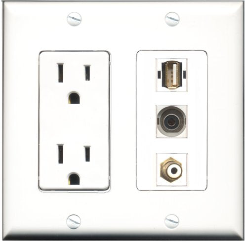 RiteAV - 15 Amp Power Outlet 1 Port RCA White 1 Port USB A-A 1 Port 3.5mm Decorative Wall Plate