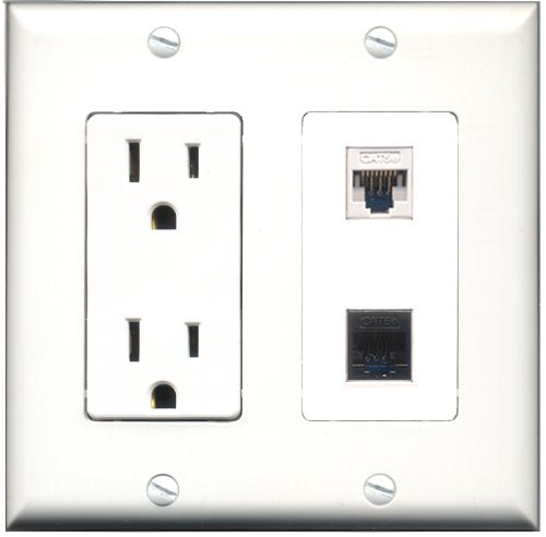 RiteAV - 15 Amp Power Outlet and 1 Port Cat5e Ethernet White and 1 Port Cat5e Ethernet Black Decorative Type Wall Plate White