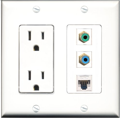 RiteAV - 15 Amp Power Outlet 1 Port RCA Green 1 Port RCA Blue 1 Port Cat5e Ethernet White Decorative Wall Plate