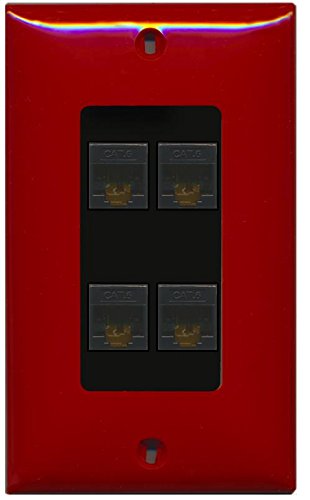 RiteAV - (1 Gang Decorative) 4 Cat6 Black Wall Plate Red (Black Insert)