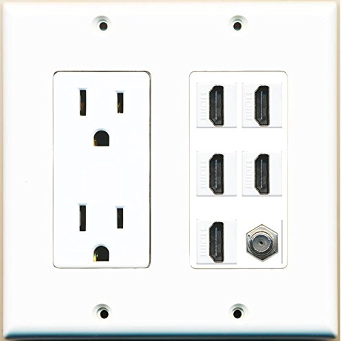 RiteAV - (2 Gang Decorative) 15A Power Outlet 5 HDMI Coax Cable TV Wall Plate White