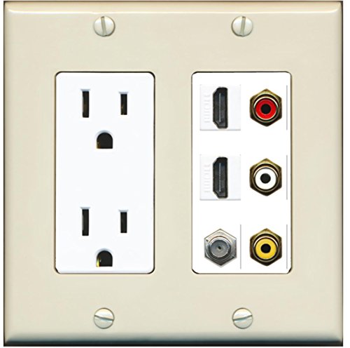 RiteAV - 2 x 15 Amp 125V Power Outlet 3 x RCA - 2 X HDMI and 1 x Coax Cable TV Port Wall Plate - Light Almond/White
