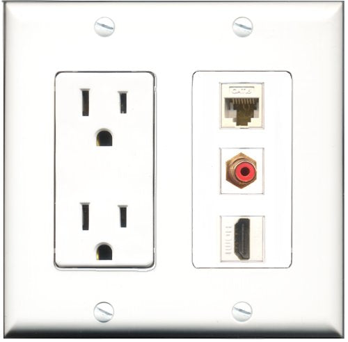 RiteAV - 15 Amp Power Outlet 1 Port HDMI 1 Port RCA Red 1 Port Cat6 Ethernet Ethernet White Decorative Wall Plate