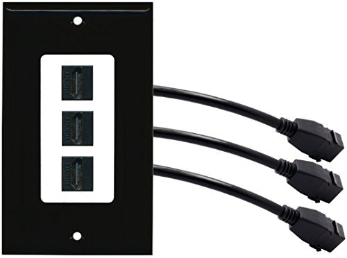 RiteAV (1 Gang Decorative) 3 HDMI Black Wall Plate w/ Pigtail Extension Cable Black on White