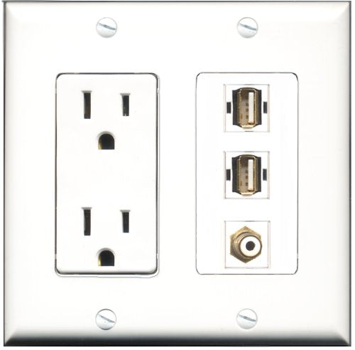 RiteAV - 15 Amp Power Outlet 1 Port RCA White 2 Port USB A-A Decorative Wall Plate