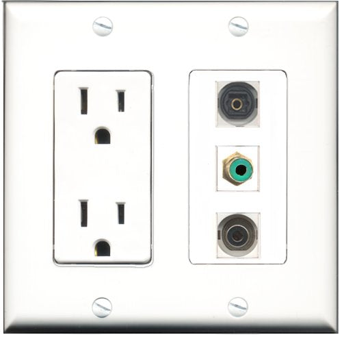 RiteAV - 15 Amp Power Outlet 1 Port RCA Green 1 Port Toslink 1 Port 3.5mm Decorative Wall Plate