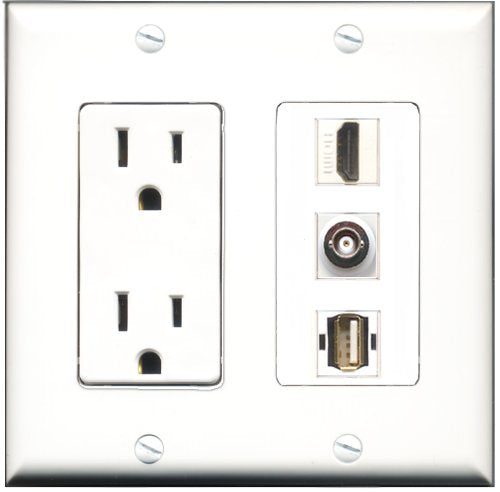 RiteAV - 15 Amp Power Outlet 1 Port HDMI 1 Port USB A-A 1 Port BNC Decorative Wall Plate