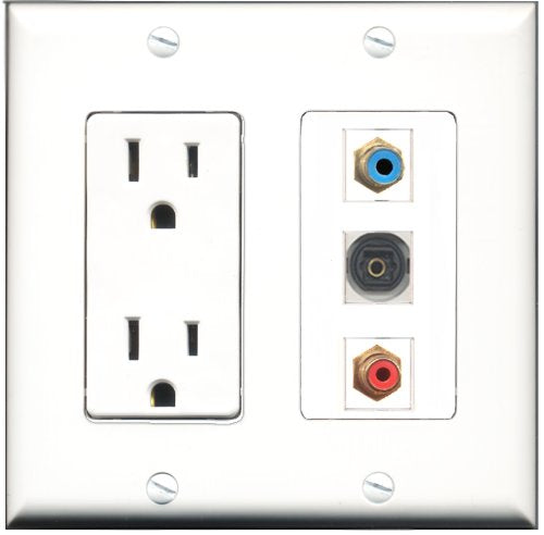 RiteAV - 15 Amp Power Outlet 1 Port RCA Red 1 Port RCA Blue 1 Port Toslink Decorative Wall Plate
