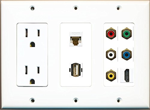 RiteAV 15A 125V Power Outlet HDMI Cat6 Component Video RCA USB Wall Plate 3 Gang