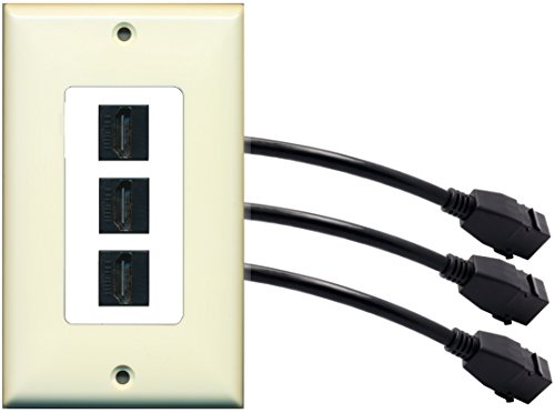 RiteAV (1 Gang Decorative) 3 HDMI Black Wall Plate w/ Pigtail Extension Cable Light Almond on White
