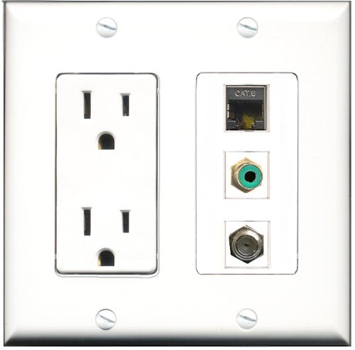 RiteAV - 15 Amp Power Outlet 1 Port RCA Green 1 Port Coax 1 Port Shielded Cat6 Ethernet Ethernet Decorative Wall Plate