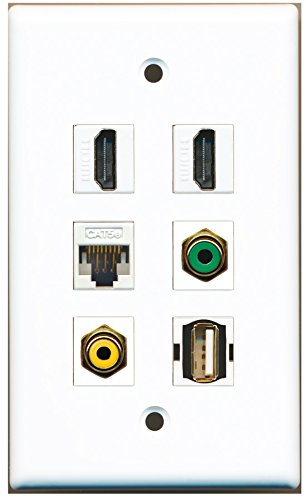 RiteAV - 2 HDMI 1 Port RCA Yellow 1 Port RCA Green 1 Port USB A-A 1 Port Cat5e Ethernet White Wall Plate