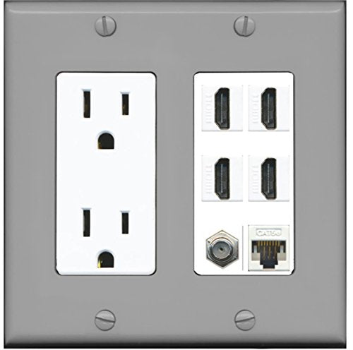 RiteAV 15A Power Outlet, 4 HDMI, 1 Cat5e Ethernet, 1 Coax Cable TV Wall Plate - Gray/White