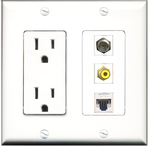 RiteAV - 15 Amp Power Outlet 1 Port RCA Yellow 1 Port Coax 1 Port Cat5e Ethernet White Decorative Wall Plate