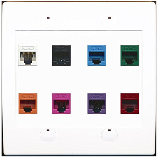 RiteAV 8 Cat5e Ethernet Port Mixed Colors Quick Install Wall Plate White
