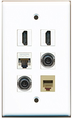 RiteAV - 2 HDMI 1 Port Phone RJ11 RJ12 Beige 2 Port 3.5mm 1 Port Cat5e Ethernet White Wall Plate