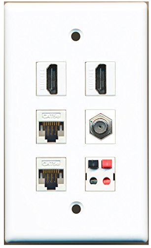 RiteAV - 2 HDMI 1 Port Coax Cable TV- F-Type 2 Port Cat5e Ethernet White 1 Port Speaker Wall Plate