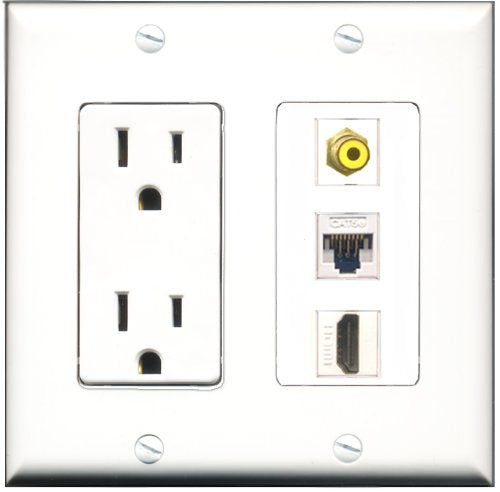 RiteAV - 15 Amp Power Outlet 1 Port HDMI 1 Port RCA Yellow 1 Port Cat5e Ethernet White Decorative Wall Plate