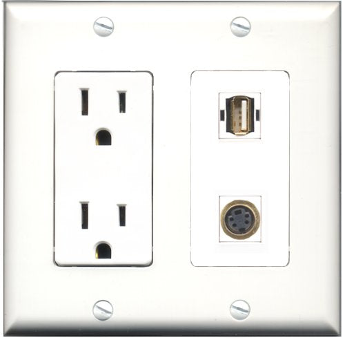 RiteAV - 15 Amp Power Outlet and 1 Port USB A-A and 1 Port S-Video Decorative Type Wall Plate White
