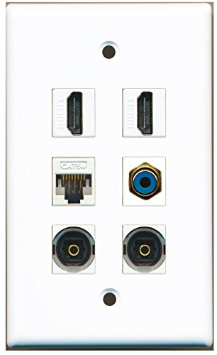 RiteAV - 2 HDMI 1 Port RCA Blue 2 Port Toslink 1 Port Cat5e Ethernet White Wall Plate