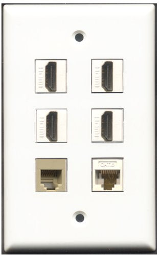 RiteAV - 4 Port HDMI 1 Phone RJ11 RJ12 Beige 1 Cat6 Ethernet White Wall Plate
