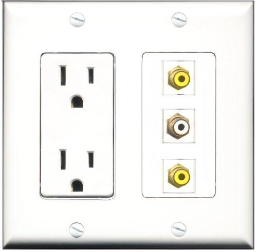 RiteAV - 15 Amp Power Outlet 1 Port RCA White 2 Port RCA Yellow Decorative Wall Plate