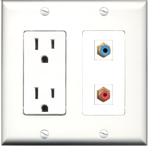 RiteAV - 15 Amp Power Outlet and 1 Port RCA Red and 1 Port RCA Blue Decorative Type Wall Plate White