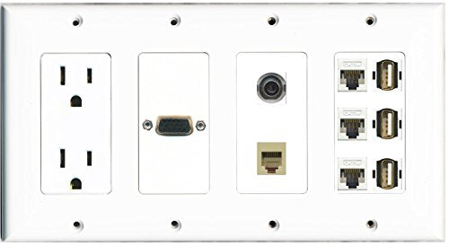 RiteAV - (4 Gang) 15A Power Outlet Svga 3 Cat5e + 3 USB 3.5mm Rj11-12 Phone Wall Plate
