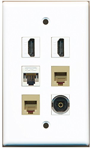 RiteAV - 2 HDMI 2 Port Phone RJ11 RJ12 Beige 1 Port Toslink 1 Port Cat5e Ethernet White Wall Plate