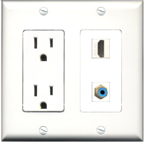 RiteAV - 15 Amp Power Outlet and 1 Port HDMI and 1 Port RCA Blue Decorative Type Wall Plate White