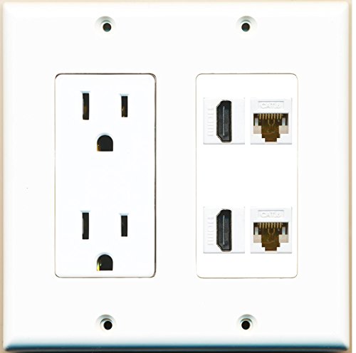 RiteAV (2 Gang Decorative) 15A Power Outlet 2 HDMI 2 Cat6 White Wall Plate White