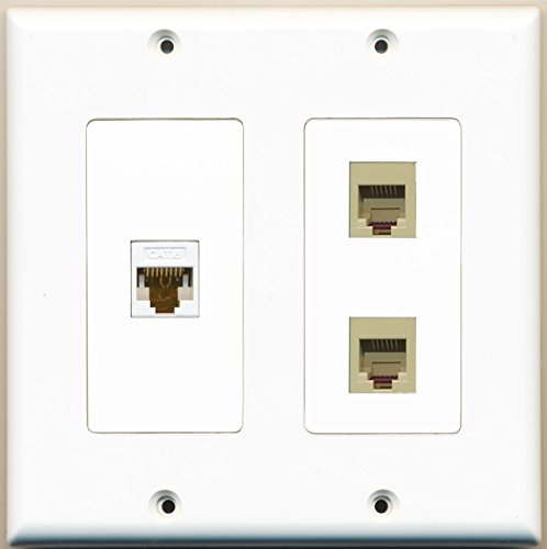 RiteAV - 2 Port Phone RJ11 RJ12 Beige 1 Port Cat6 Ethernet White - 2 Gang Wall Plate