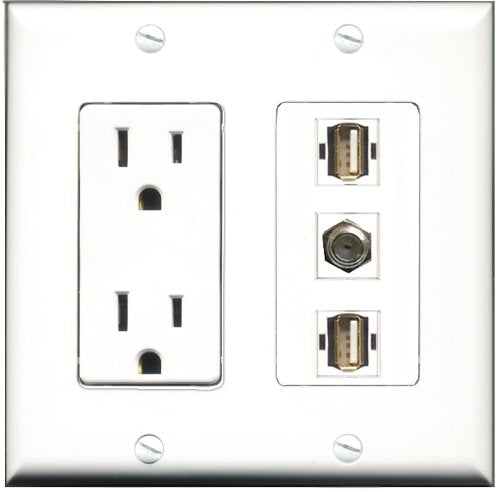 RiteAV - 15 Amp Power Outlet 1 Port Coax 2 Port USB A-A Decorative Wall Plate