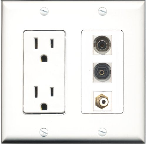 RiteAV - 15 Amp Power Outlet 1 Port RCA White 1 Port Toslink 1 Port 3.5mm Decorative Wall Plate