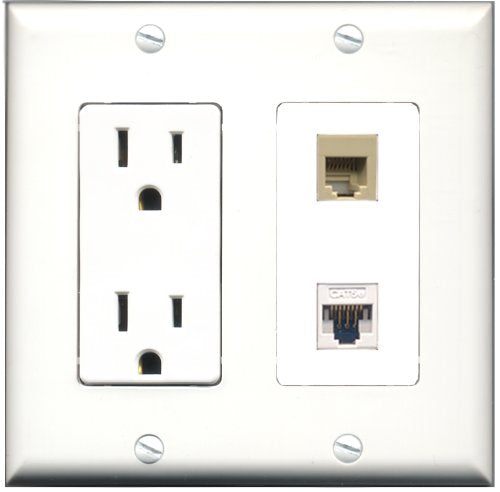 RiteAV - 15 Amp Power Outlet and 1 Port Phone RJ11 RJ12 Beige and 1 Port Cat5e Ethernet White Decorative Type Wall Plate White