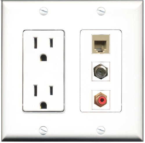 RiteAV - 15 Amp Power Outlet 1 Port RCA Red 1 Port Coax 1 Port Phone Beige Decorative Wall Plate